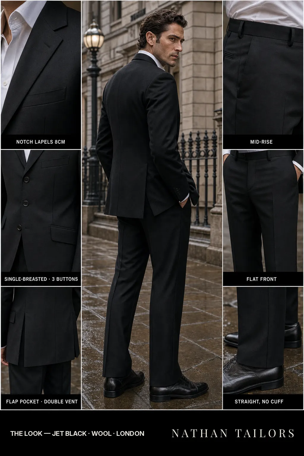 jet black single-breasted notch-lapel bespoke suit — AI-rendered by Nathan Tailors, the Hoi An custom tailor. Available as a custom tailored suit from $149.