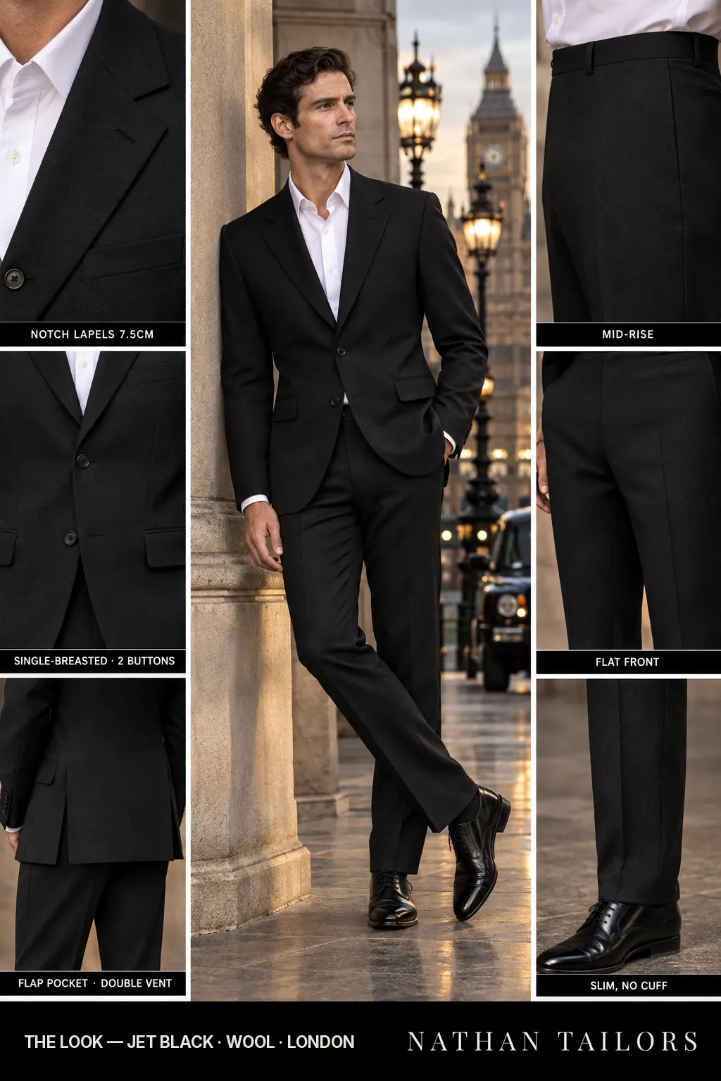 jet black single-breasted notch-lapel bespoke suit โ AI-rendered by Nathan Tailors, the Hoi An custom tailor. Available as a custom tailored suit from $149.