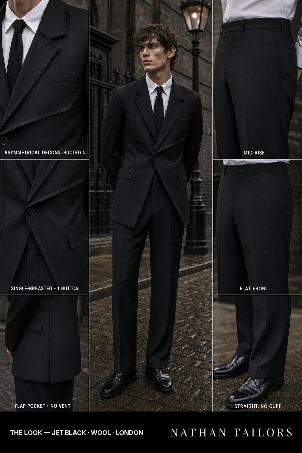 jet black single-breasted notch-lapel bespoke suit — AI-rendered by Nathan Tailors, the Hoi An custom tailor. Available as a custom tailored suit from $149.