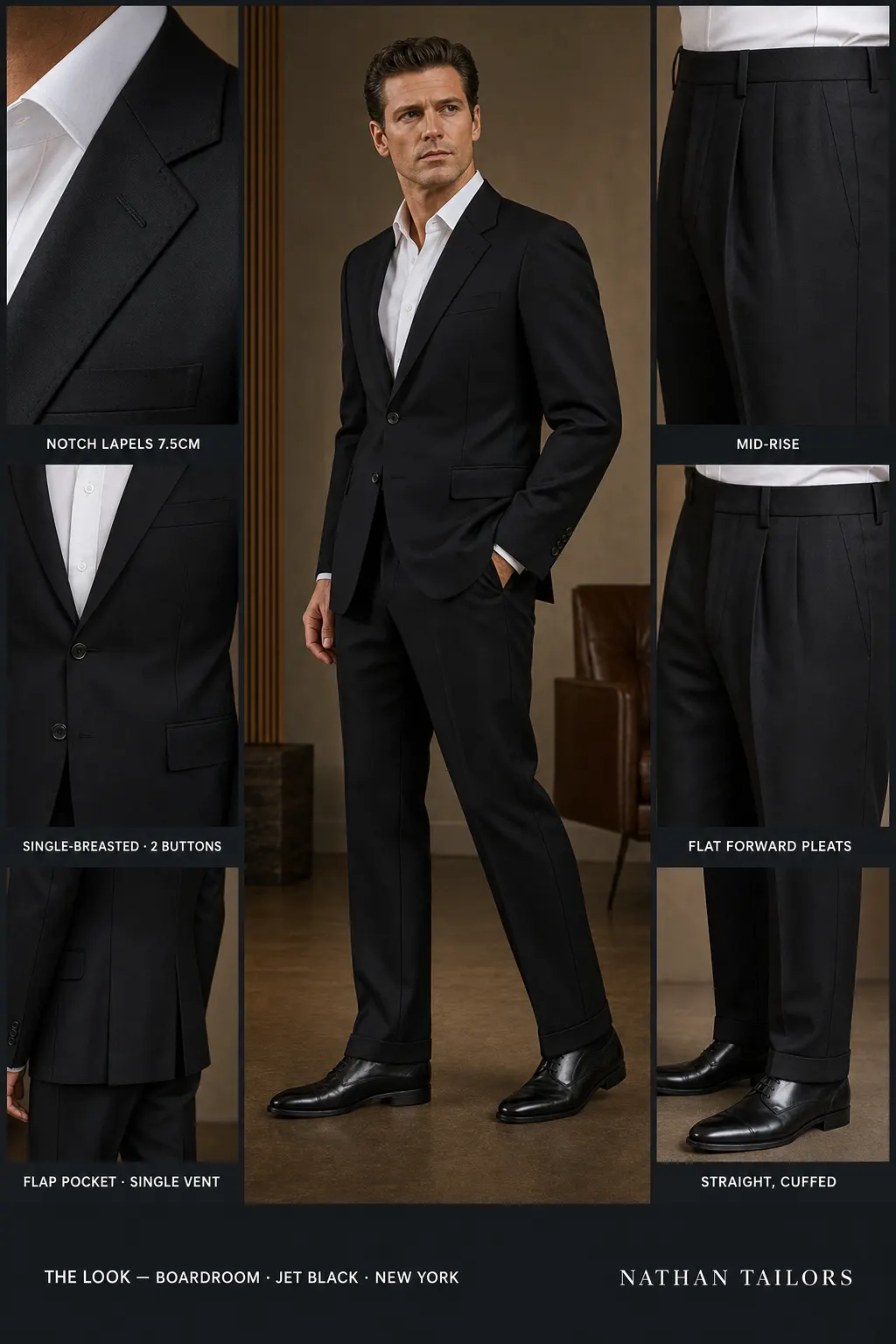 jet black single-breasted notch-lapel bespoke suit โ AI-rendered by Nathan Tailors, the Hoi An custom tailor. Available as a custom tailored suit from $149.