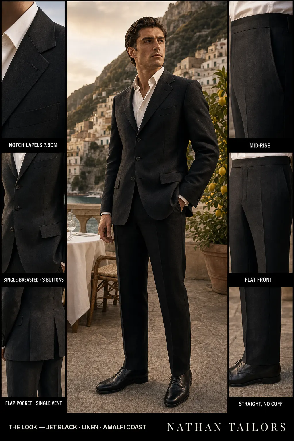 jet black single-breasted notch-lapel bespoke suit — AI-rendered by Nathan Tailors, the Hoi An custom tailor. Available as a custom tailored suit from $149.