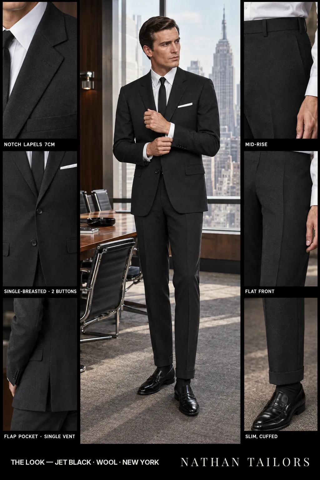 jet black single-breasted bespoke suit โ custom tailored by Nathan Tailors, the Hoi An custom tailor