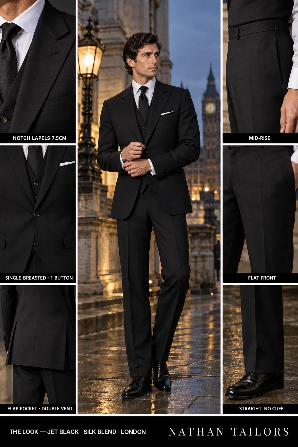 jet black single-breasted bespoke suit โ custom tailored by Nathan Tailors, the Hoi An custom tailor