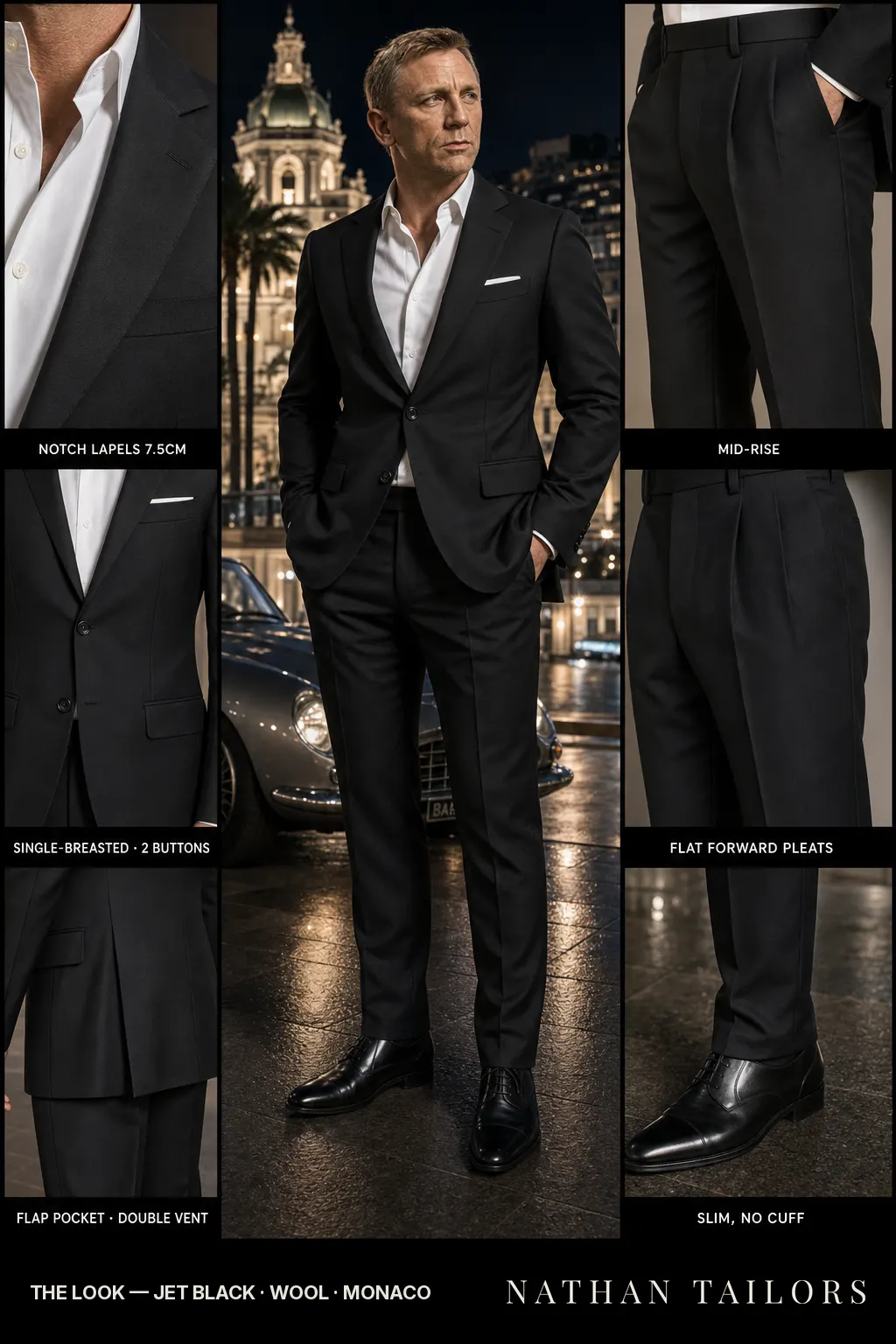 jet black single-breasted notch-lapel bespoke suit — AI-rendered by Nathan Tailors, the Hoi An custom tailor. Available as a custom tailored suit from $149.