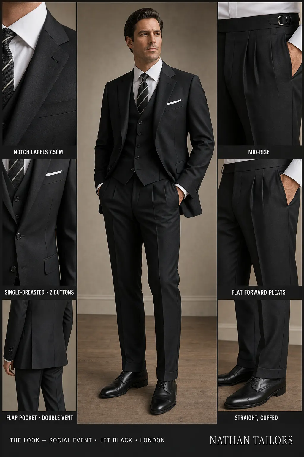 jet black single-breasted notch-lapel bespoke suit — AI-rendered by Nathan Tailors, the Hoi An custom tailor. Available as a custom tailored suit from $149.