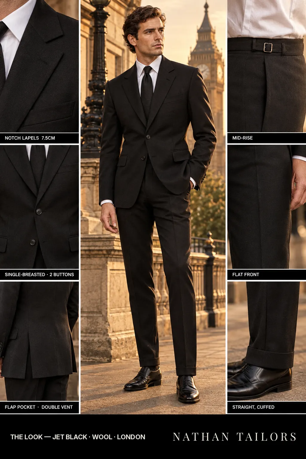 jet black single-breasted notch-lapel bespoke suit โ AI-rendered by Nathan Tailors, the Hoi An custom tailor. Available as a custom tailored suit from $149.