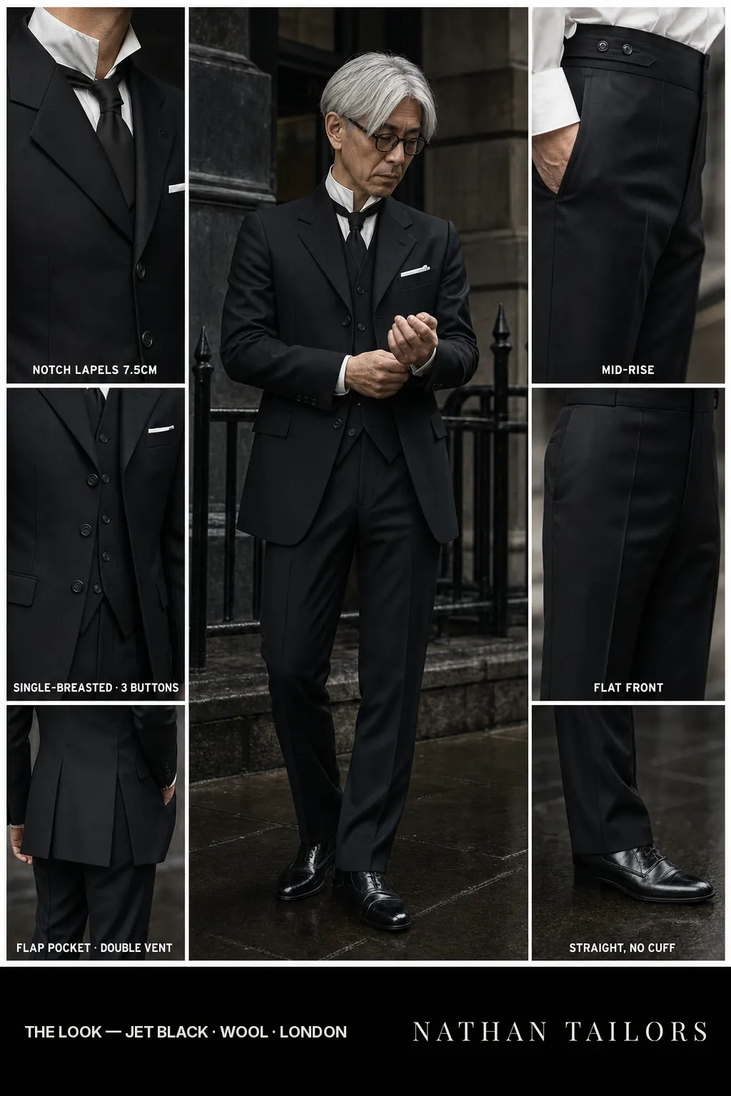 jet black single-breasted notch-lapel bespoke suit — AI-rendered by Nathan Tailors, the Hoi An custom tailor. Available as a custom tailored suit from $149.