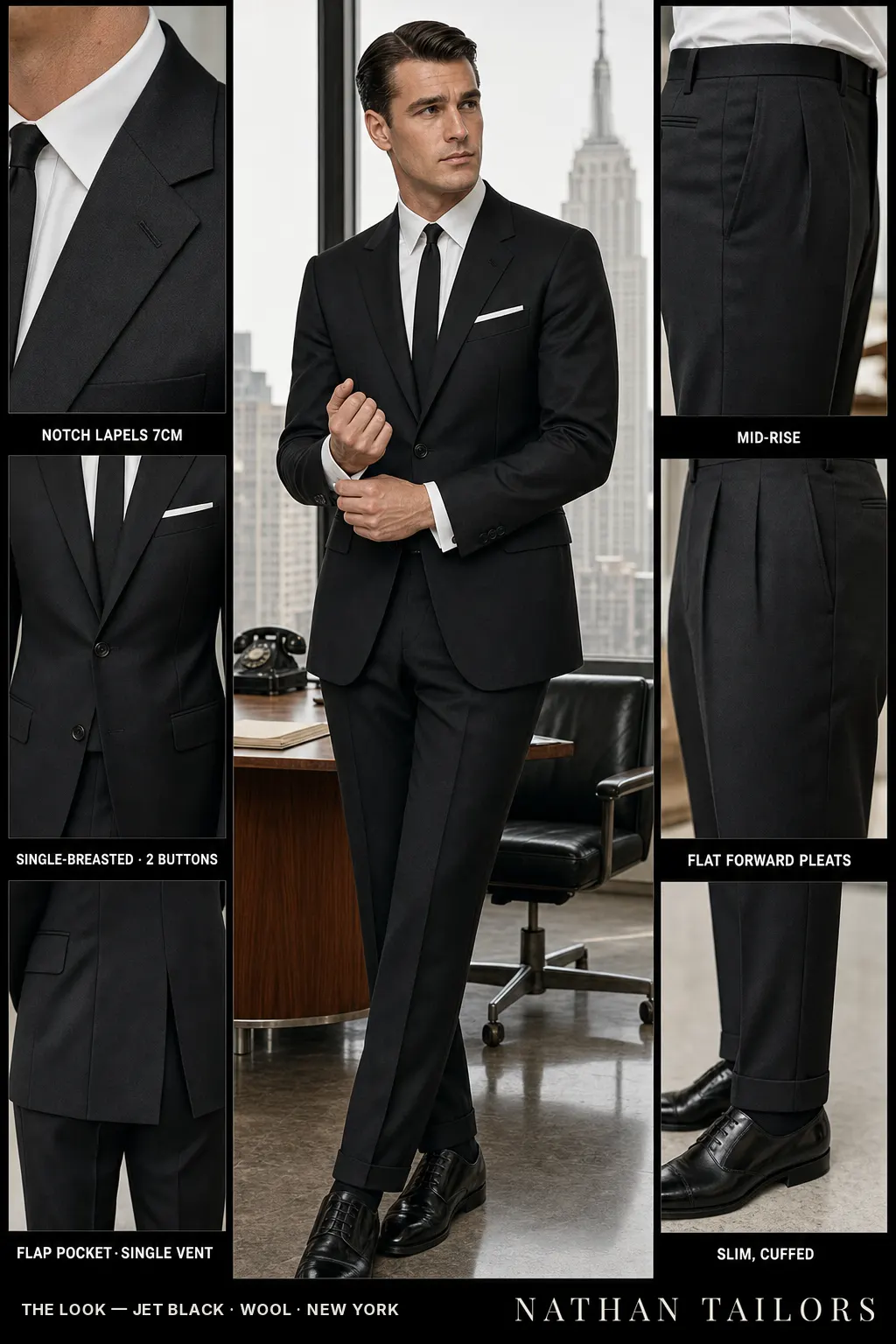 jet black single-breasted notch-lapel bespoke suit — AI-rendered by Nathan Tailors, the Hoi An custom tailor. Available as a custom tailored suit from $149.