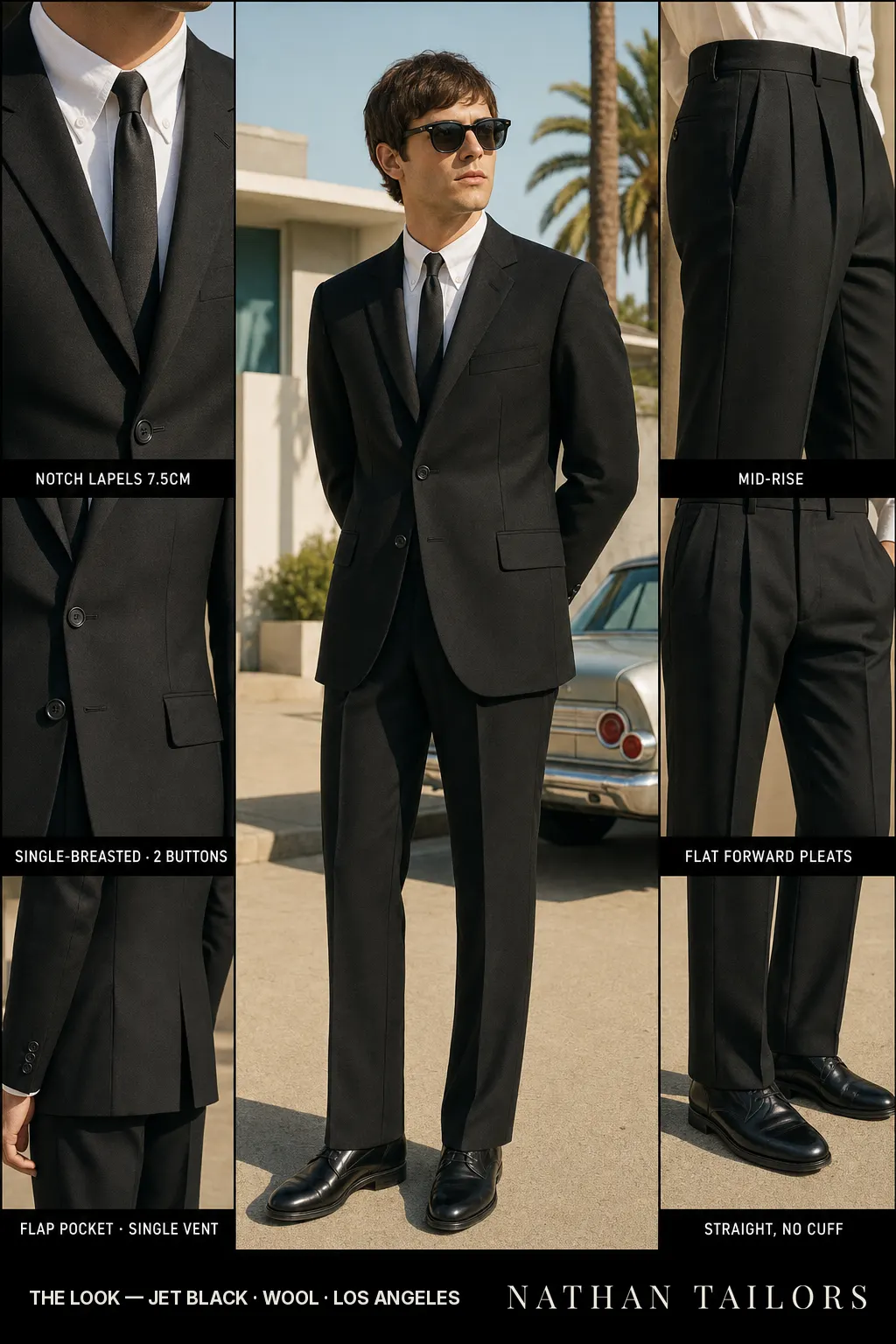 jet black single-breasted notch-lapel bespoke suit — AI-rendered by Nathan Tailors, the Hoi An custom tailor. Available as a custom tailored suit from $149.
