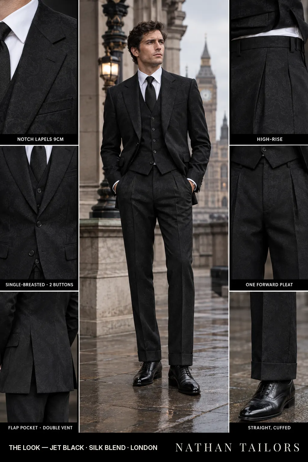 jet black single-breasted bespoke suit — custom tailored by Nathan Tailors, the Hoi An custom tailor