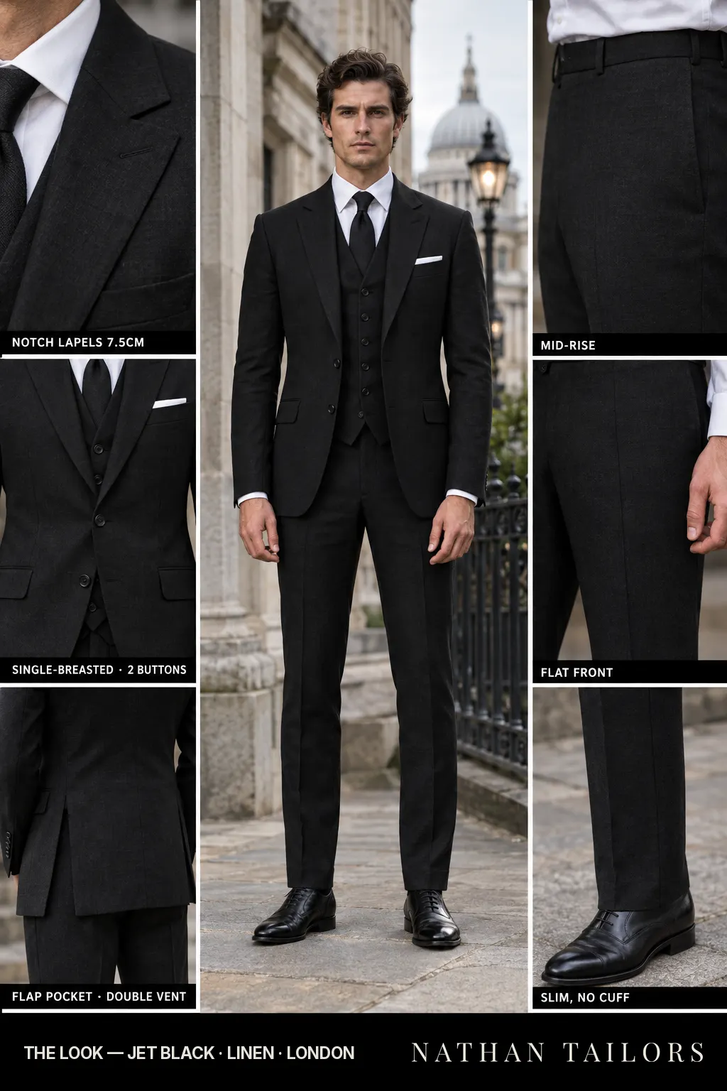 jet black single-breasted bespoke suit โ custom tailored by Nathan Tailors, the Hoi An custom tailor