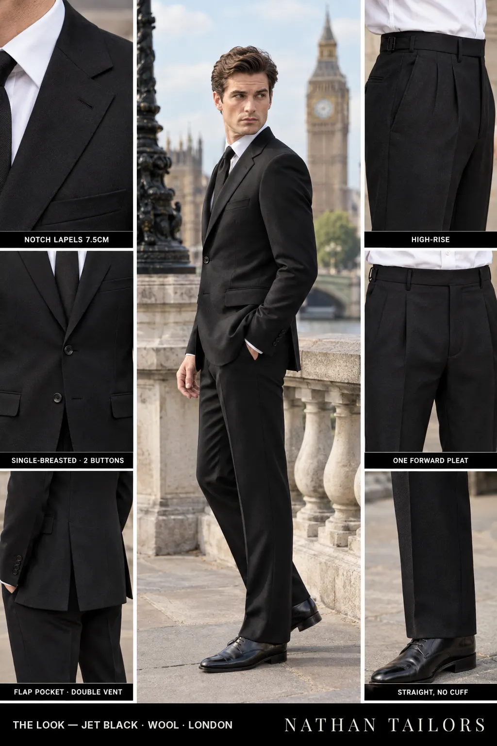 jet black single-breasted bespoke suit โ custom tailored by Nathan Tailors, the Hoi An custom tailor