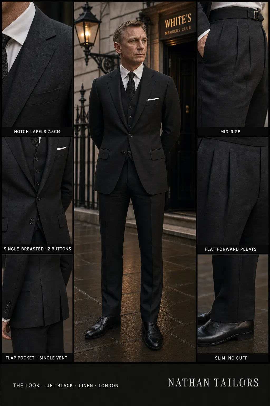 jet black single-breasted notch-lapel bespoke suit — AI-rendered by Nathan Tailors, the Hoi An custom tailor. Available as a custom tailored suit from $149.