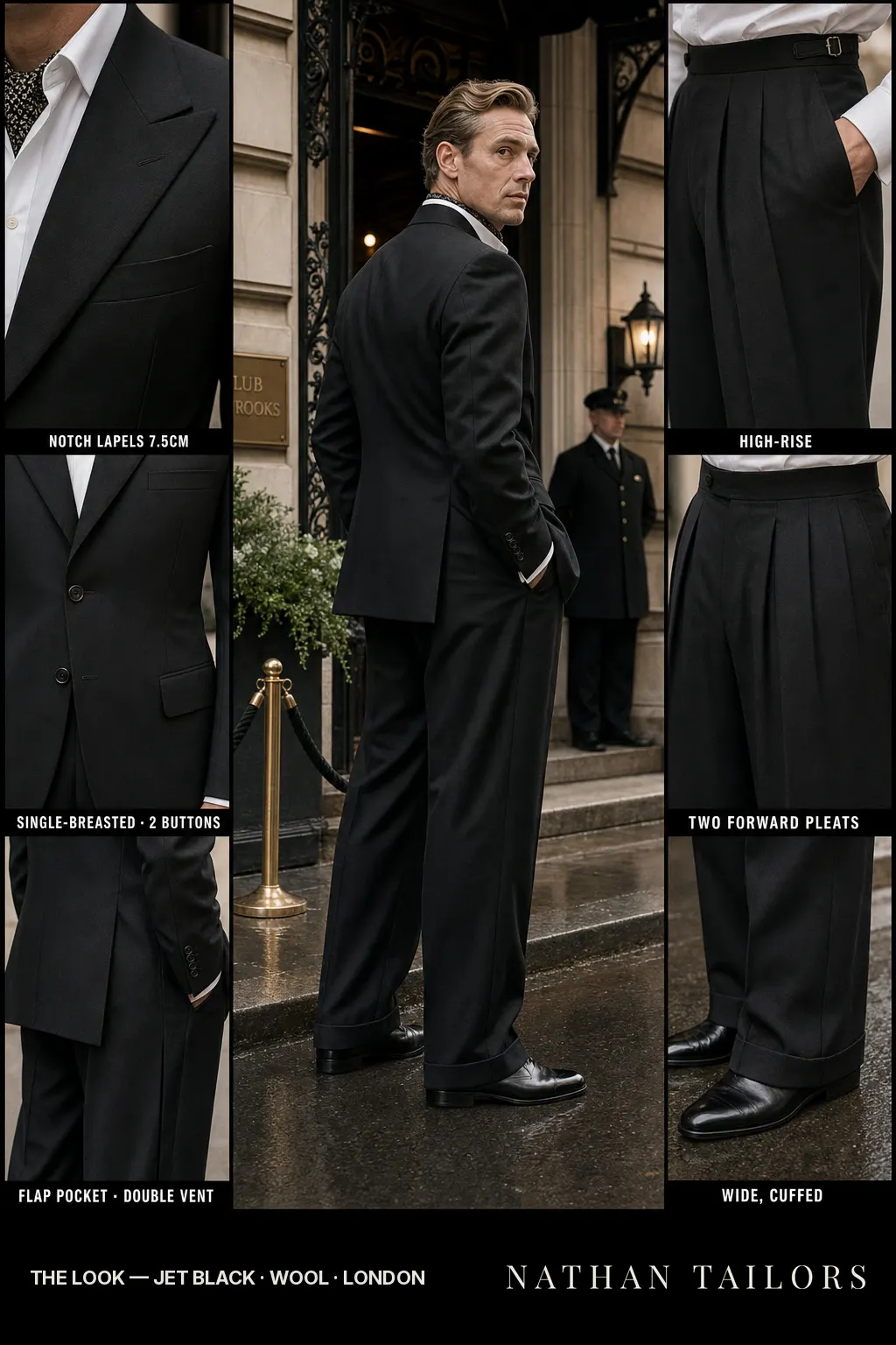 jet black single-breasted notch-lapel bespoke suit — AI-rendered by Nathan Tailors, the Hoi An custom tailor. Available as a custom tailored suit from $149.