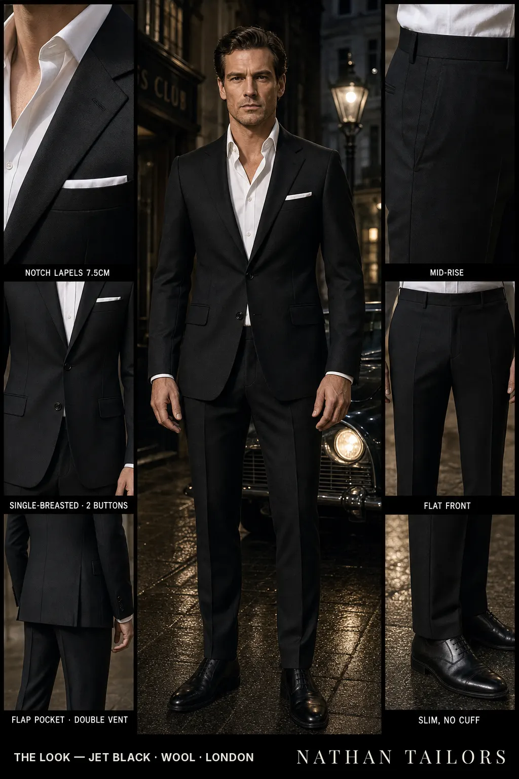 jet black single-breasted bespoke suit — custom tailored by Nathan Tailors, the Hoi An custom tailor