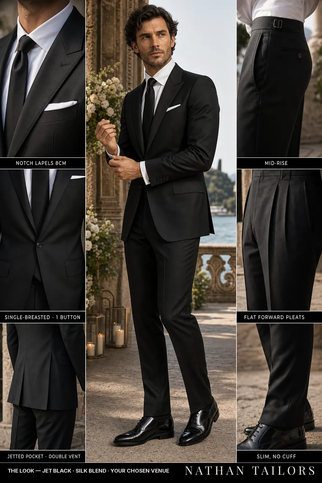 jet black single-breasted notch-lapel bespoke suit โ AI-rendered by Nathan Tailors, the Hoi An custom tailor. Available as a custom tailored suit from $149.