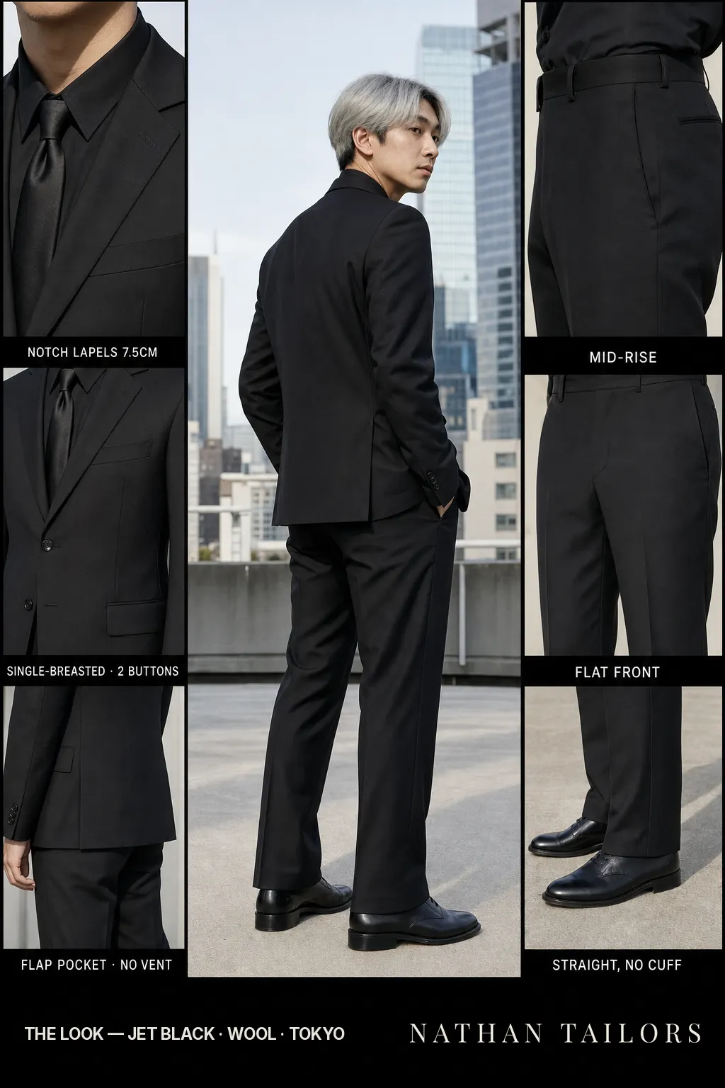 jet black single-breasted notch-lapel bespoke suit — AI-rendered by Nathan Tailors, the Hoi An custom tailor. Available as a custom tailored suit from $149.