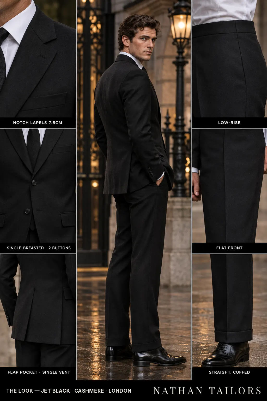 jet black single-breasted notch-lapel bespoke suit โ AI-rendered by Nathan Tailors, the Hoi An custom tailor. Available as a custom tailored suit from $149.