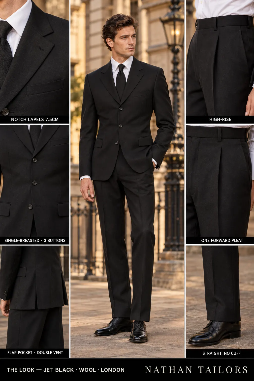jet black single-breasted bespoke suit โ custom tailored by Nathan Tailors, the Hoi An custom tailor
