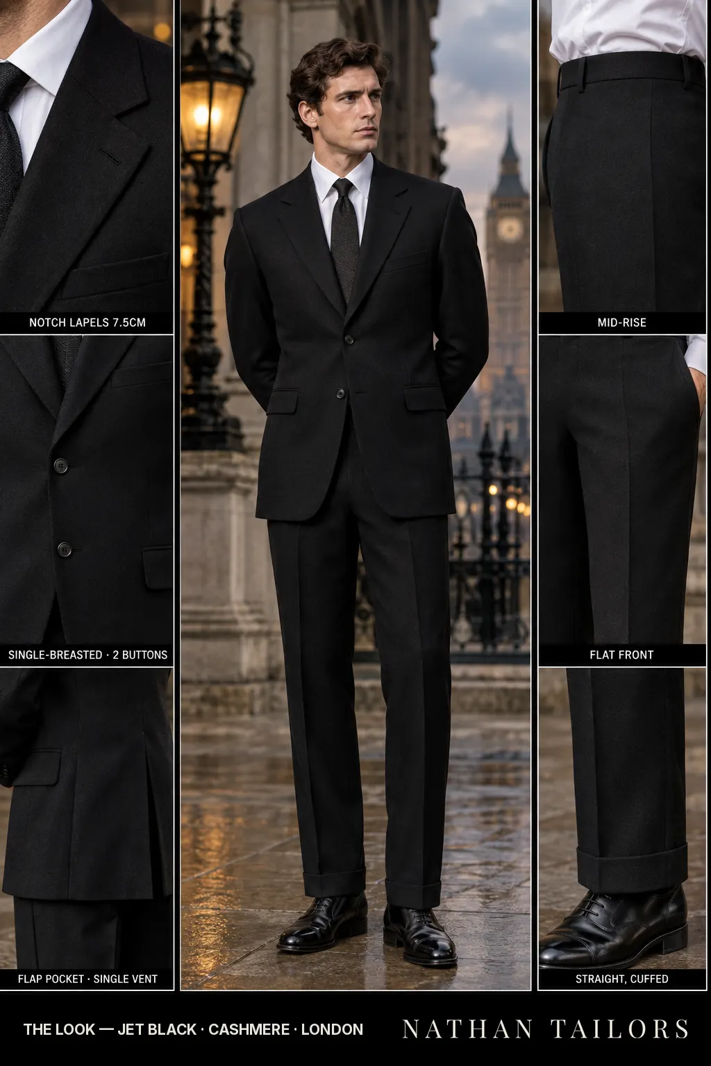 jet black single-breasted notch-lapel bespoke suit โ AI-rendered by Nathan Tailors, the Hoi An custom tailor. Available as a custom tailored suit from $149.