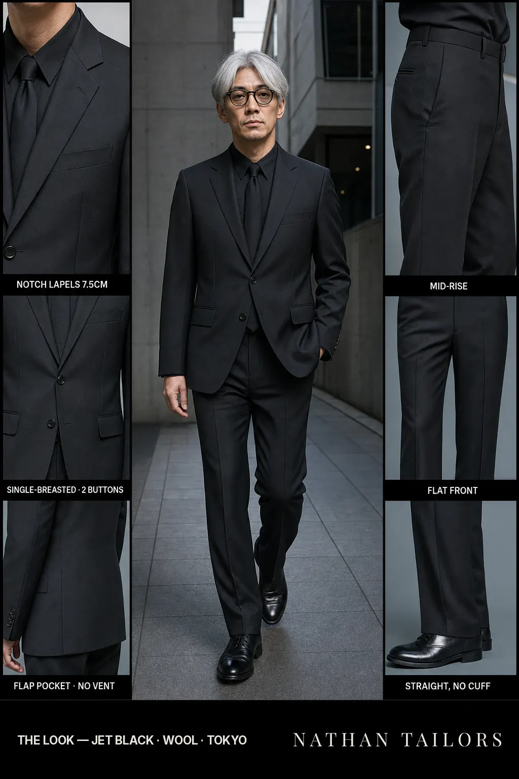 jet black single-breasted notch-lapel bespoke suit — AI-rendered by Nathan Tailors, the Hoi An custom tailor. Available as a custom tailored suit from $149.