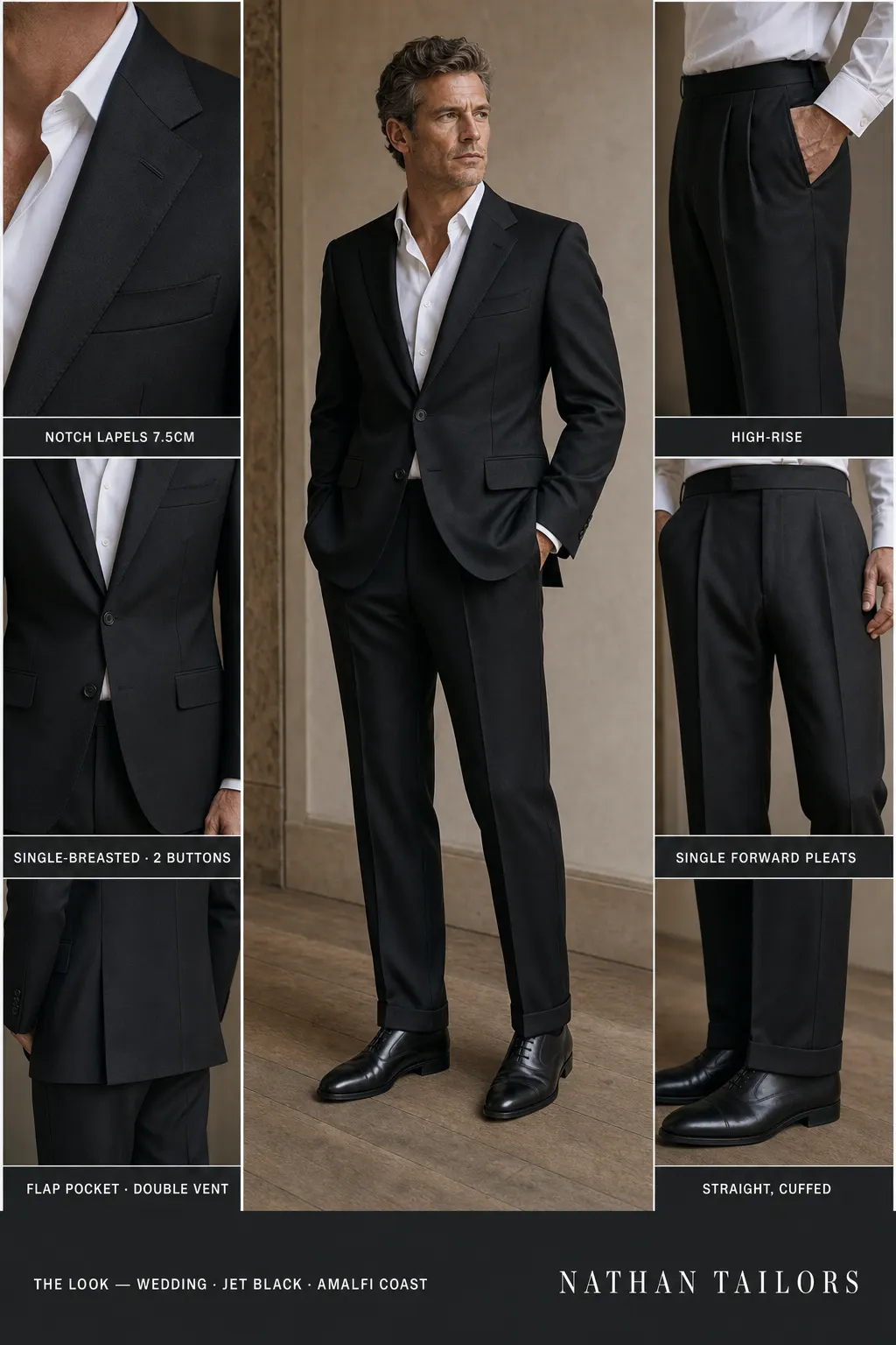 jet black single-breasted notch-lapel bespoke suit — AI-rendered by Nathan Tailors, the Hoi An custom tailor. Available as a custom tailored suit from $149.