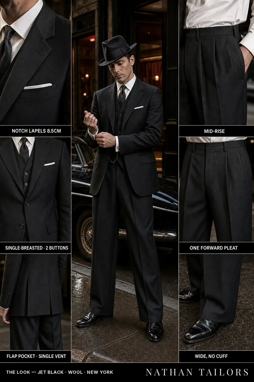 jet black single-breasted notch-lapel bespoke suit — AI-rendered by Nathan Tailors, the Hoi An custom tailor. Available as a custom tailored suit from $149.