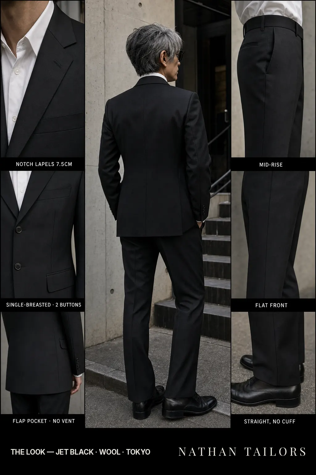 jet black single-breasted notch-lapel bespoke suit โ AI-rendered by Nathan Tailors, the Hoi An custom tailor. Available as a custom tailored suit from $149.