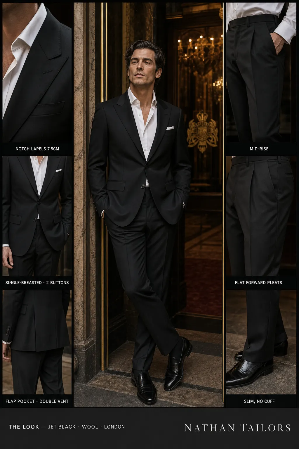 jet black single-breasted notch-lapel bespoke suit — AI-rendered by Nathan Tailors, the Hoi An custom tailor. Available as a custom tailored suit from $149.