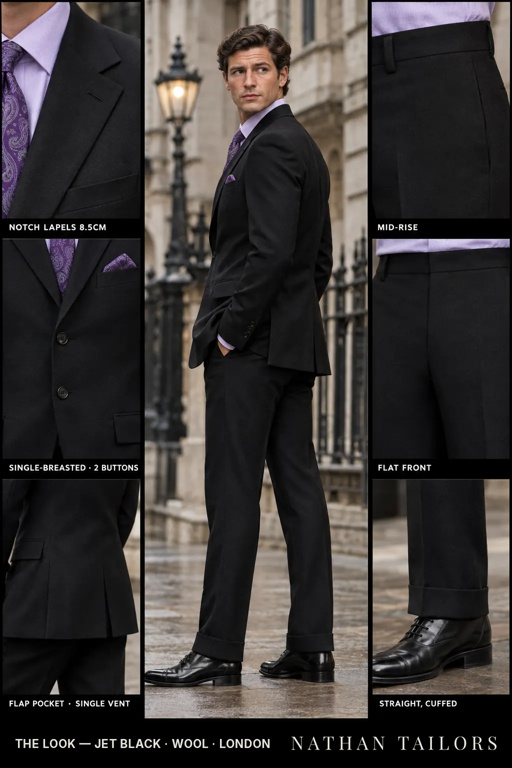 jet black single-breasted bespoke suit โ custom tailored by Nathan Tailors, the Hoi An custom tailor
