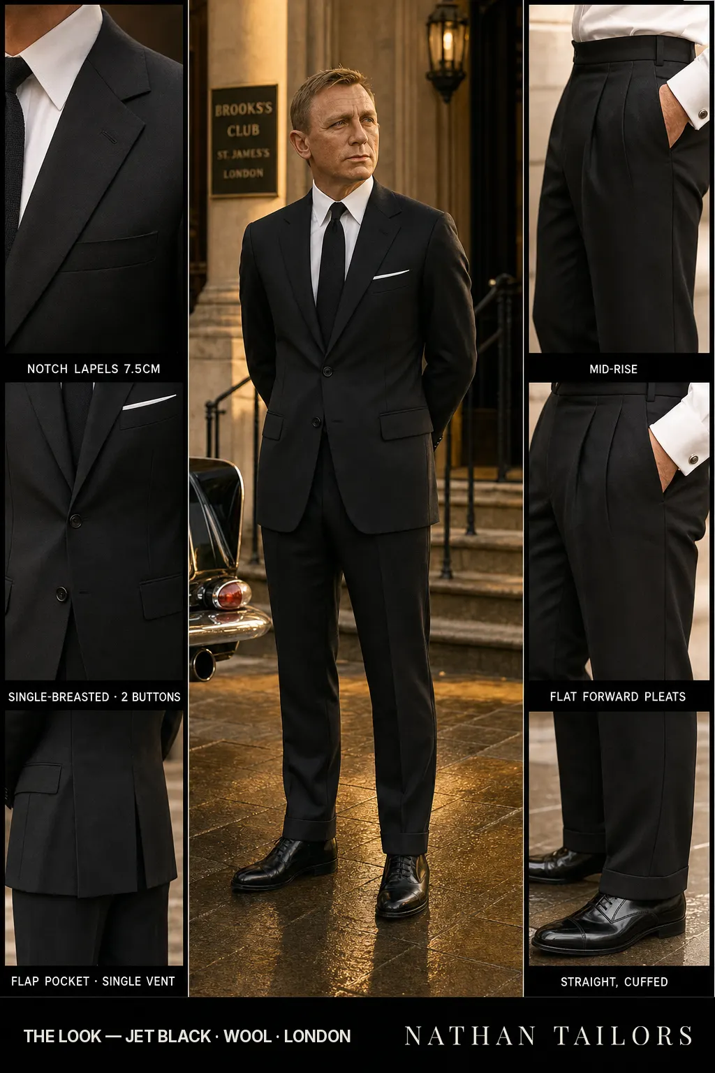 jet black single-breasted notch-lapel bespoke suit — AI-rendered by Nathan Tailors, the Hoi An custom tailor. Available as a custom tailored suit from $149.