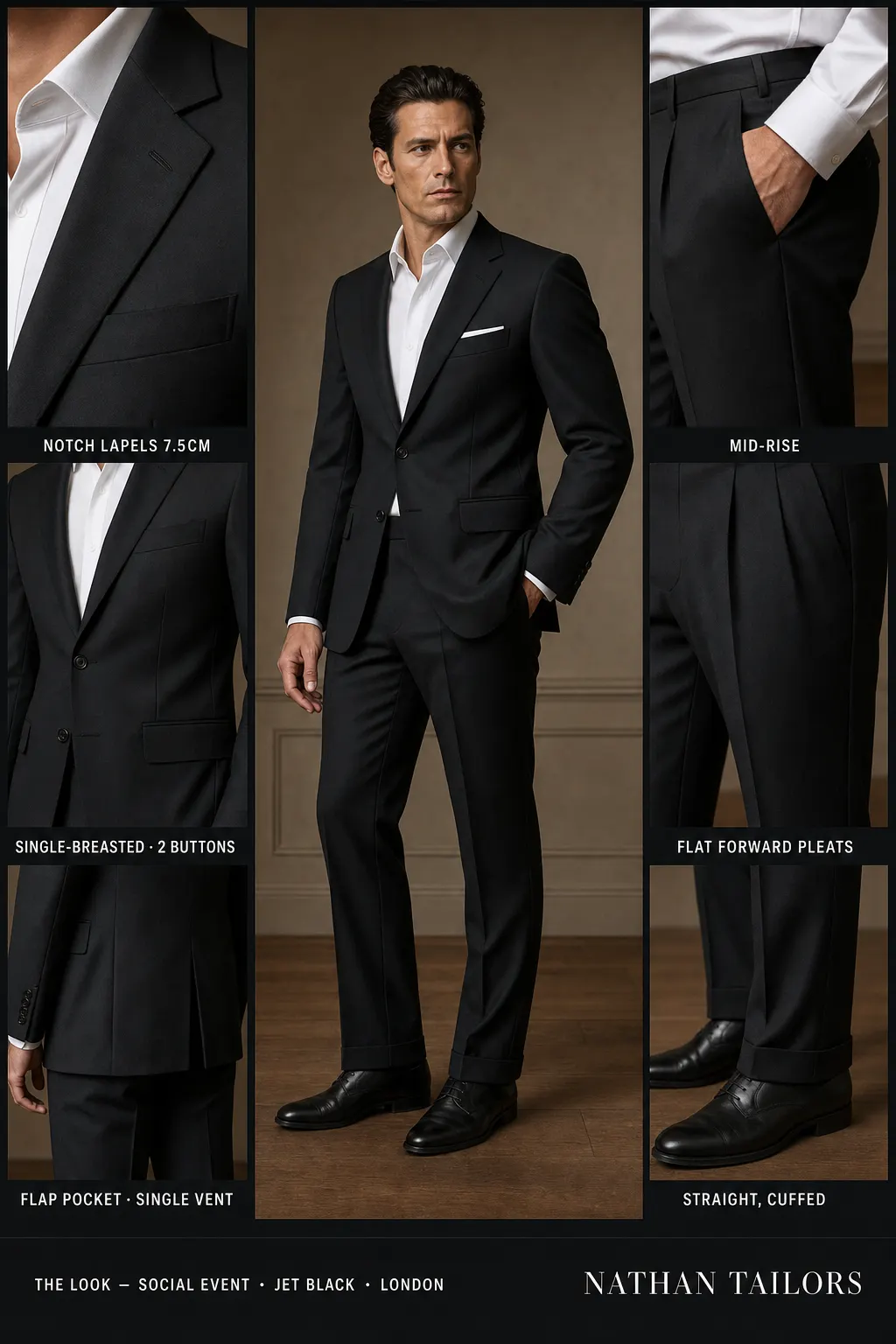 jet black single-breasted notch-lapel bespoke suit โ AI-rendered by Nathan Tailors, the Hoi An custom tailor. Available as a custom tailored suit from $149.