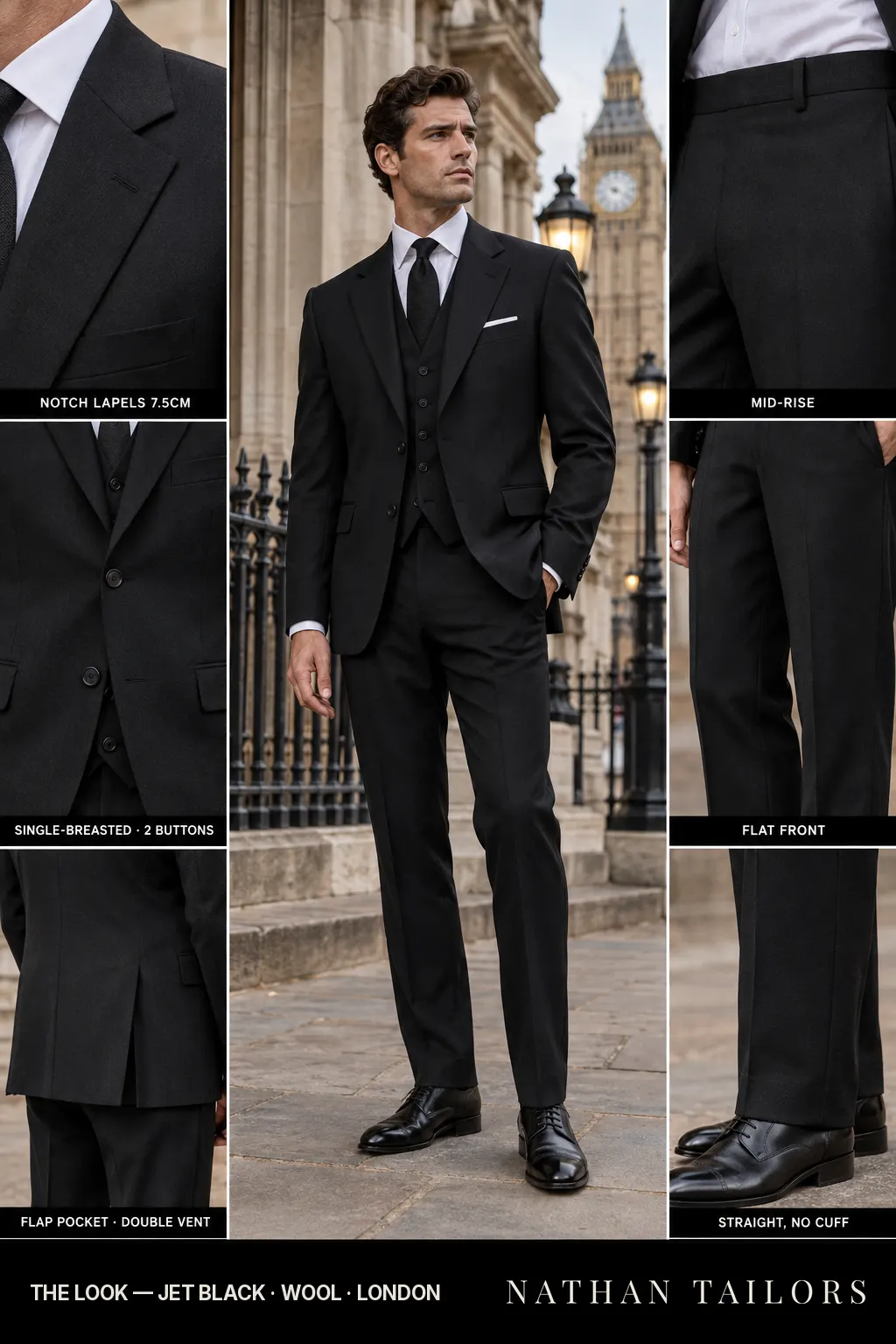 jet black single-breasted bespoke suit — custom tailored by Nathan Tailors, the Hoi An custom tailor