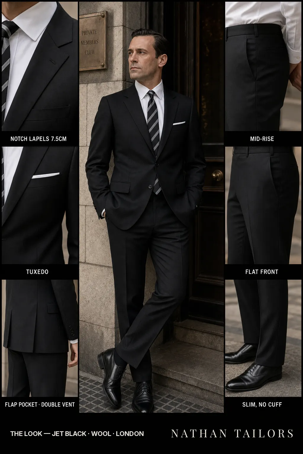 jet black single-breasted notch-lapel bespoke suit — AI-rendered by Nathan Tailors, the Hoi An custom tailor. Available as a custom tailored suit from $149.