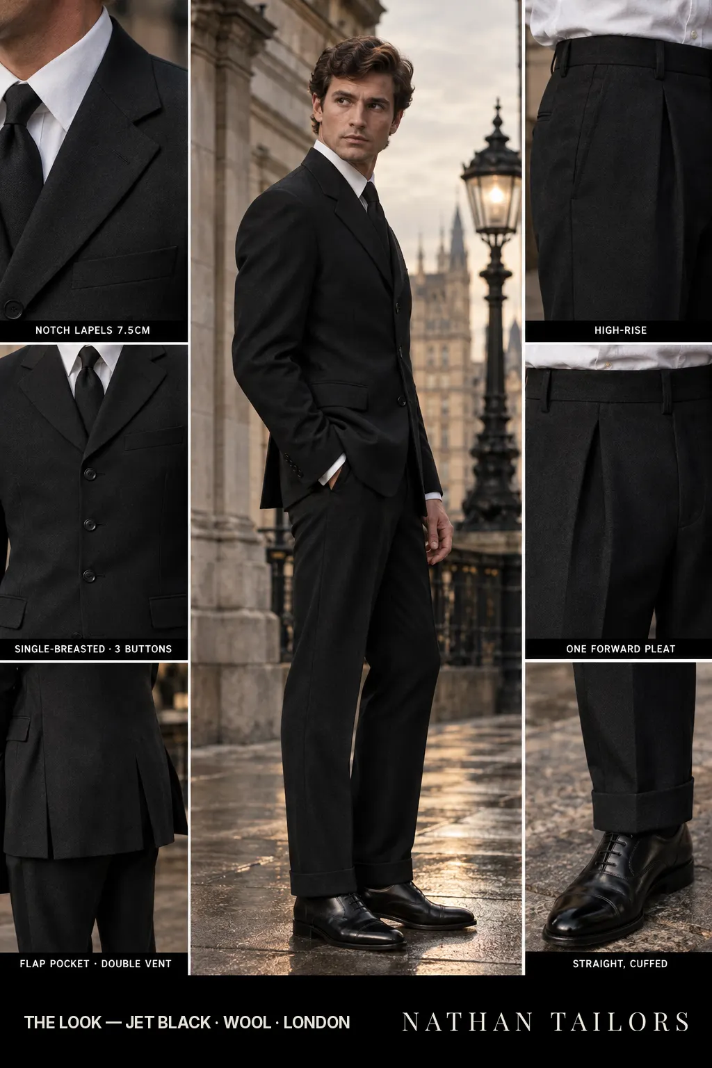 jet black single-breasted bespoke suit — custom tailored by Nathan Tailors, the Hoi An custom tailor