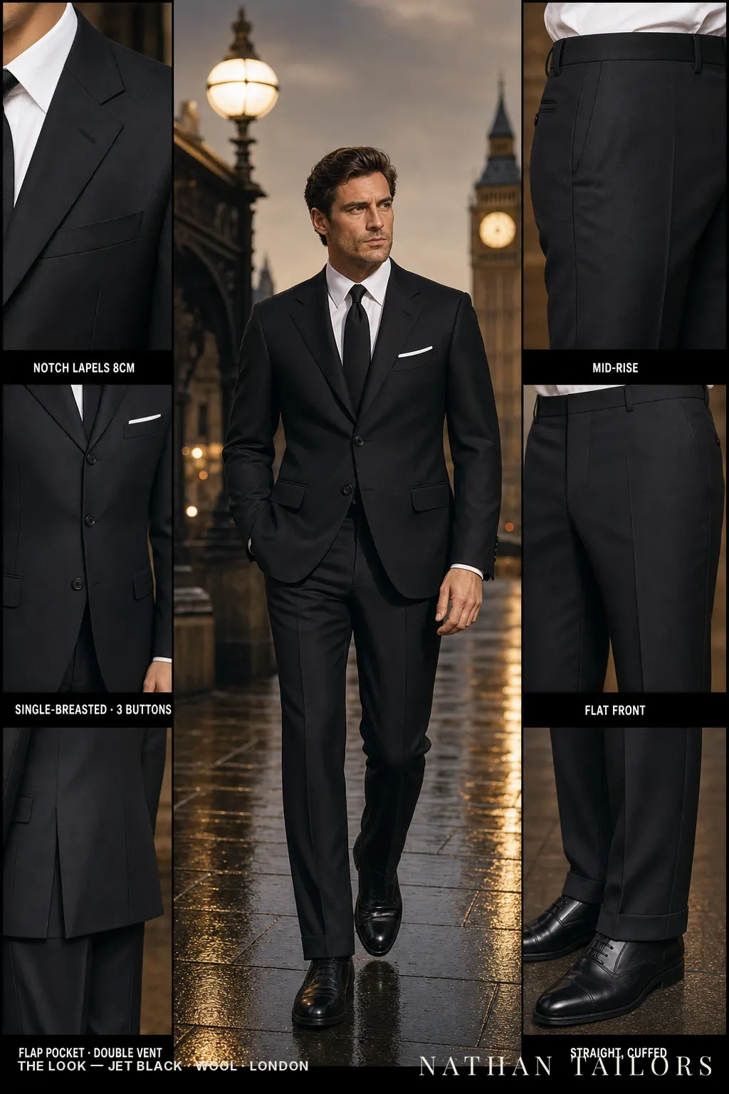 jet black single-breasted notch-lapel bespoke suit — AI-rendered by Nathan Tailors, the Hoi An custom tailor. Available as a custom tailored suit from $149.