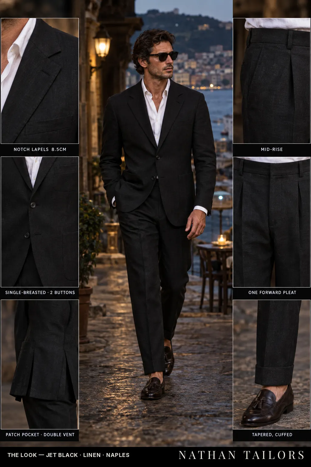 jet black single-breasted bespoke suit โ custom tailored by Nathan Tailors, the Hoi An custom tailor
