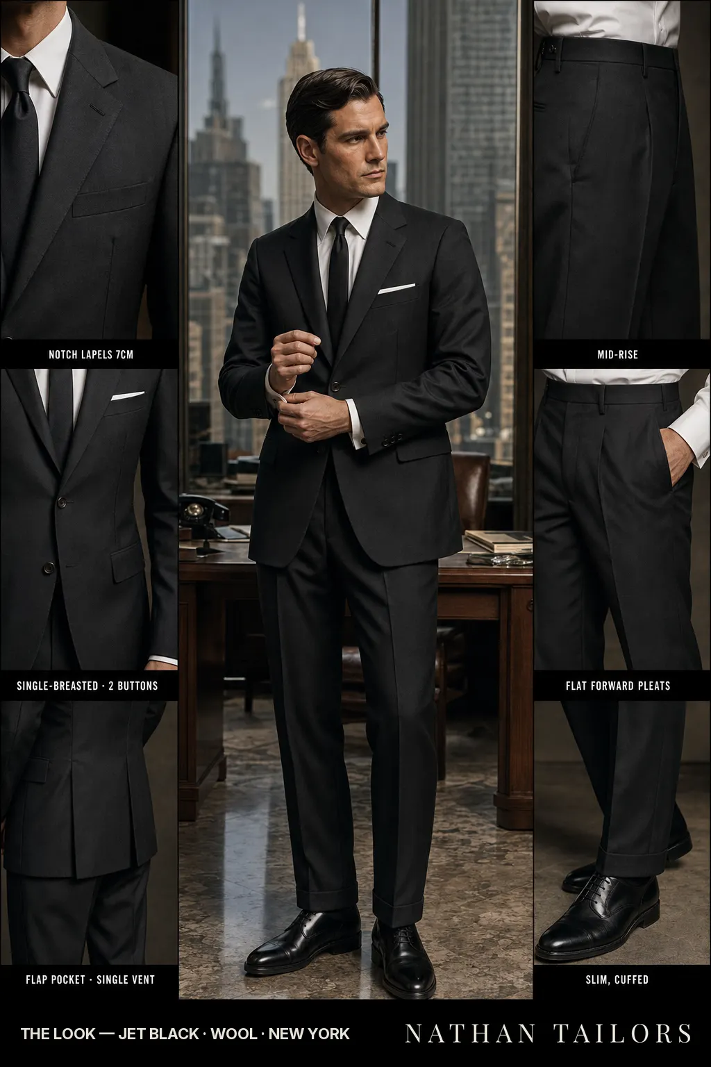 jet black single-breasted notch-lapel bespoke suit — AI-rendered by Nathan Tailors, the Hoi An custom tailor. Available as a custom tailored suit from $149.