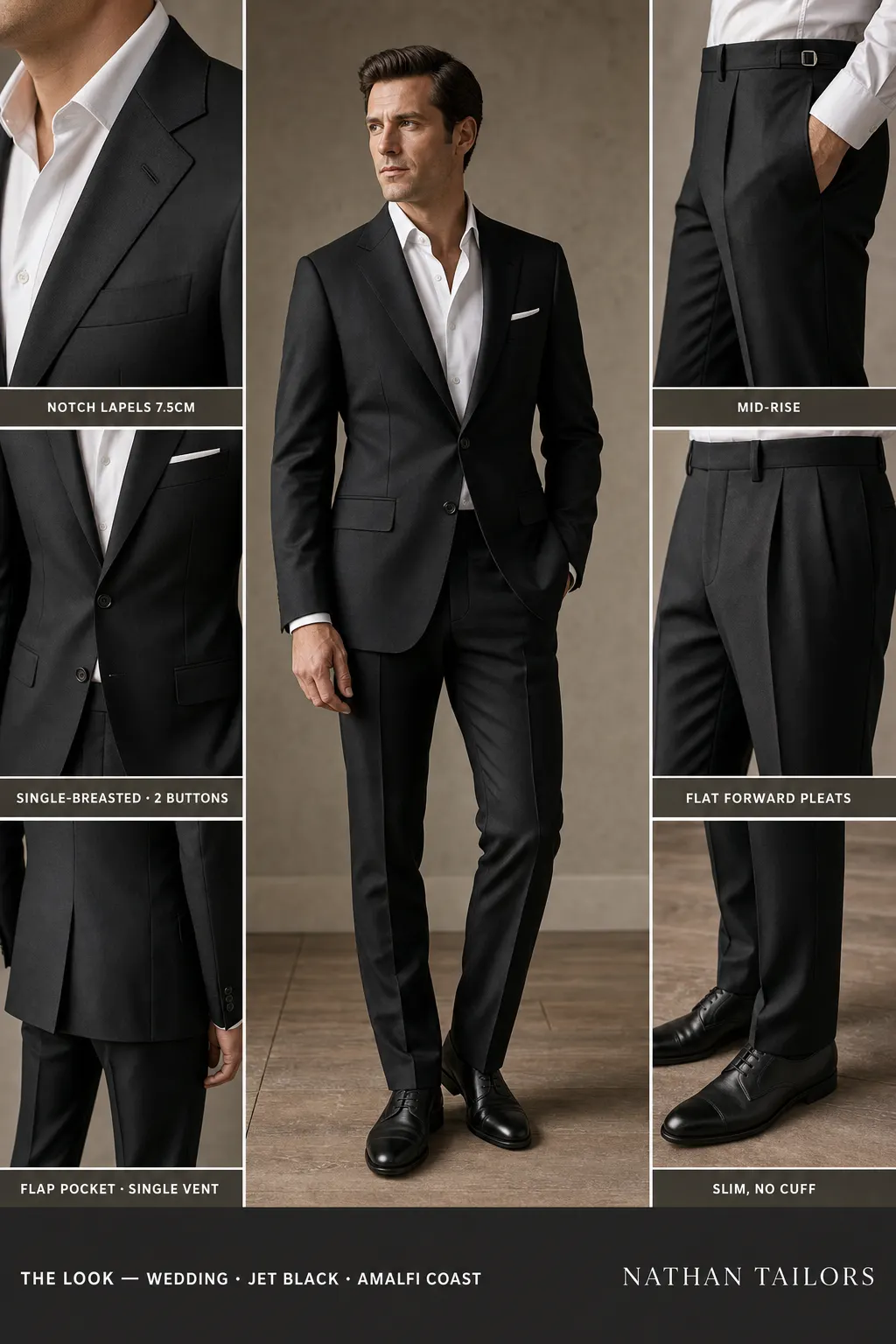 jet black single-breasted notch-lapel bespoke suit โ AI-rendered by Nathan Tailors, the Hoi An custom tailor. Available as a custom tailored suit from $149.
