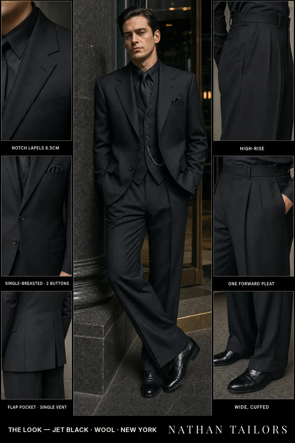 jet black single-breasted notch-lapel bespoke suit โ AI-rendered by Nathan Tailors, the Hoi An custom tailor. Available as a custom tailored suit from $149.
