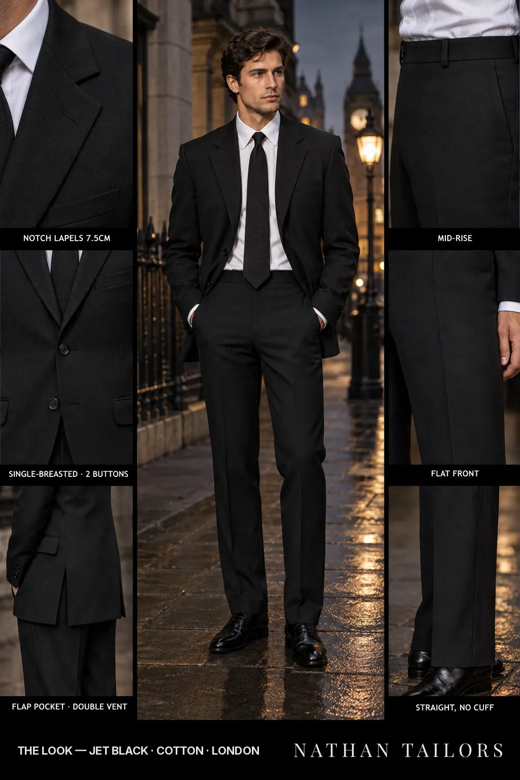 jet black single-breasted bespoke suit โ custom tailored by Nathan Tailors, the Hoi An custom tailor