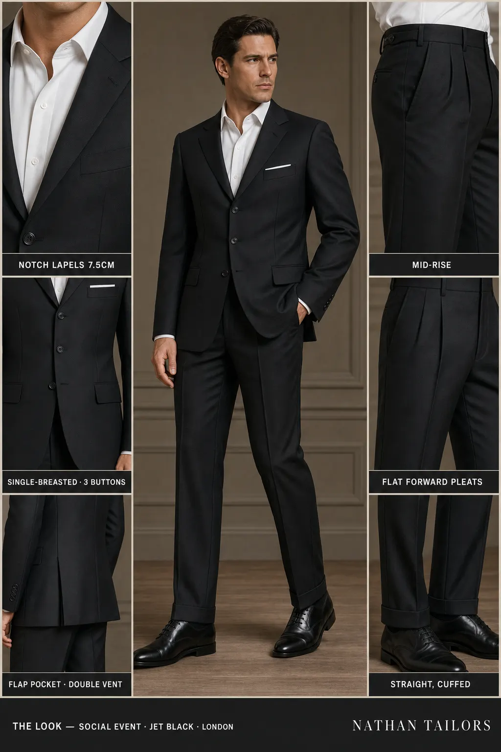 jet black single-breasted notch-lapel bespoke suit โ AI-rendered by Nathan Tailors, the Hoi An custom tailor. Available as a custom tailored suit from $149.