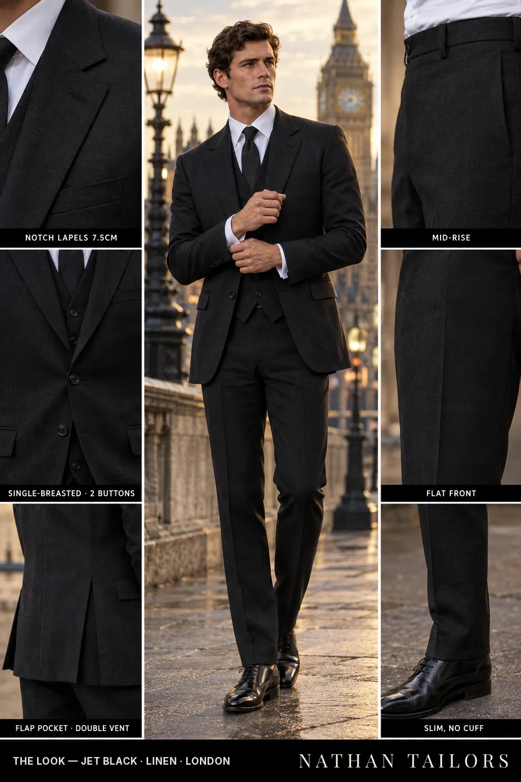 jet black single-breasted bespoke suit โ custom tailored by Nathan Tailors, the Hoi An custom tailor