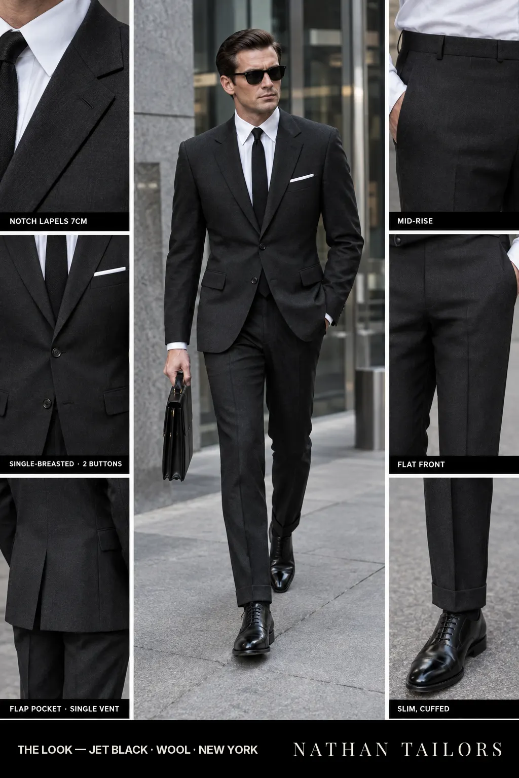 jet black single-breasted bespoke suit โ custom tailored by Nathan Tailors, the Hoi An custom tailor
