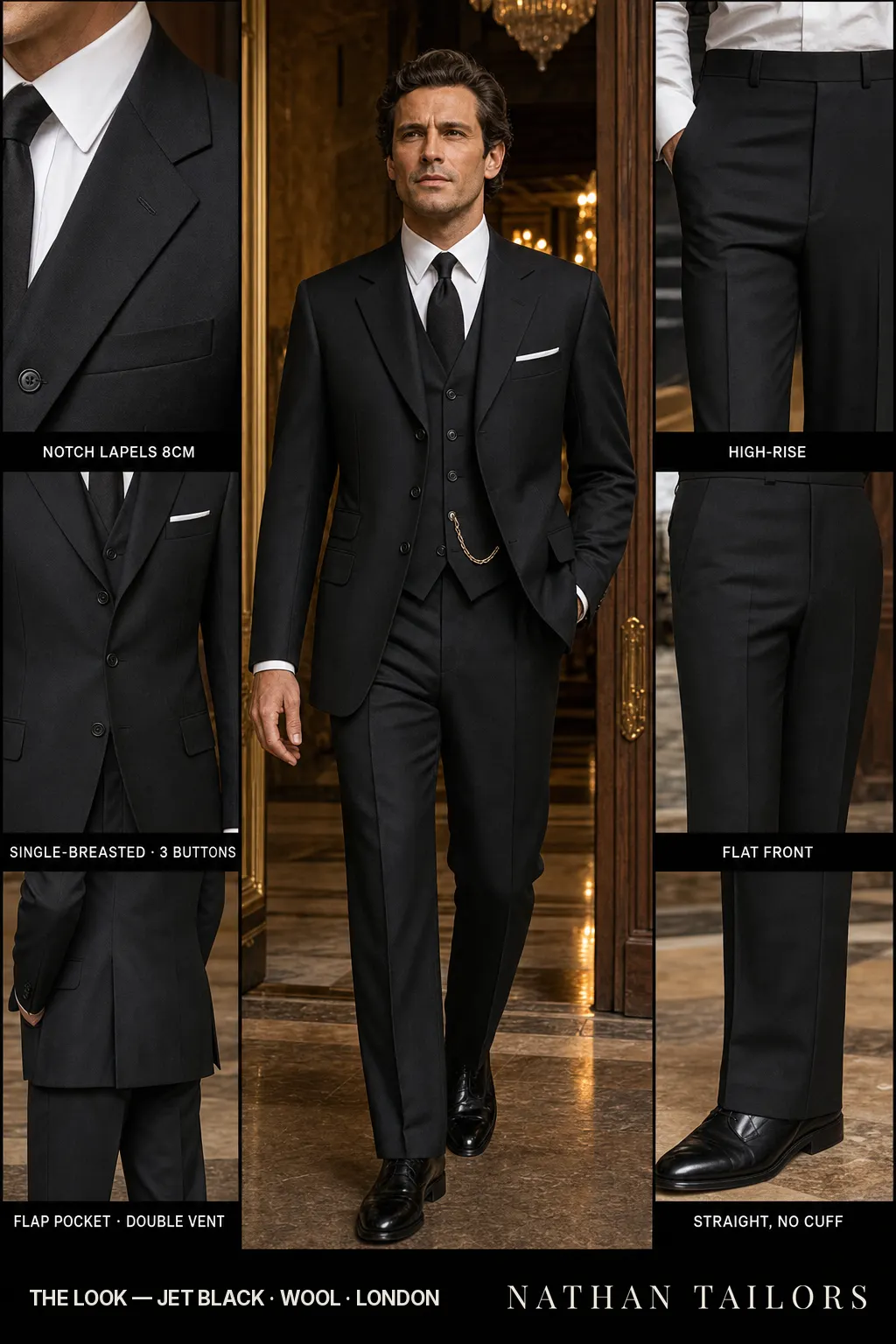jet black single-breasted notch-lapel bespoke suit โ AI-rendered by Nathan Tailors, the Hoi An custom tailor. Available as a custom tailored suit from $169.