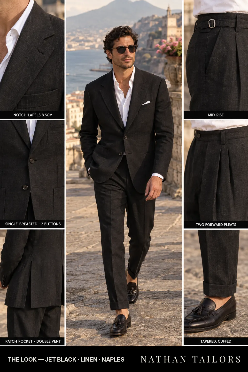 jet black single-breasted bespoke suit โ custom tailored by Nathan Tailors, the Hoi An custom tailor