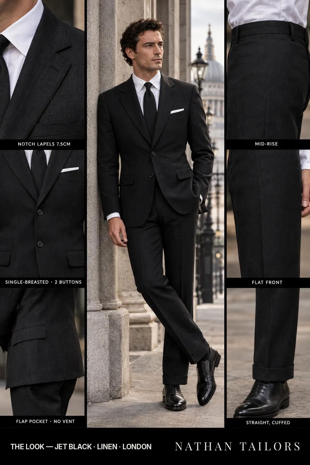 jet black single-breasted bespoke suit โ custom tailored by Nathan Tailors, the Hoi An custom tailor