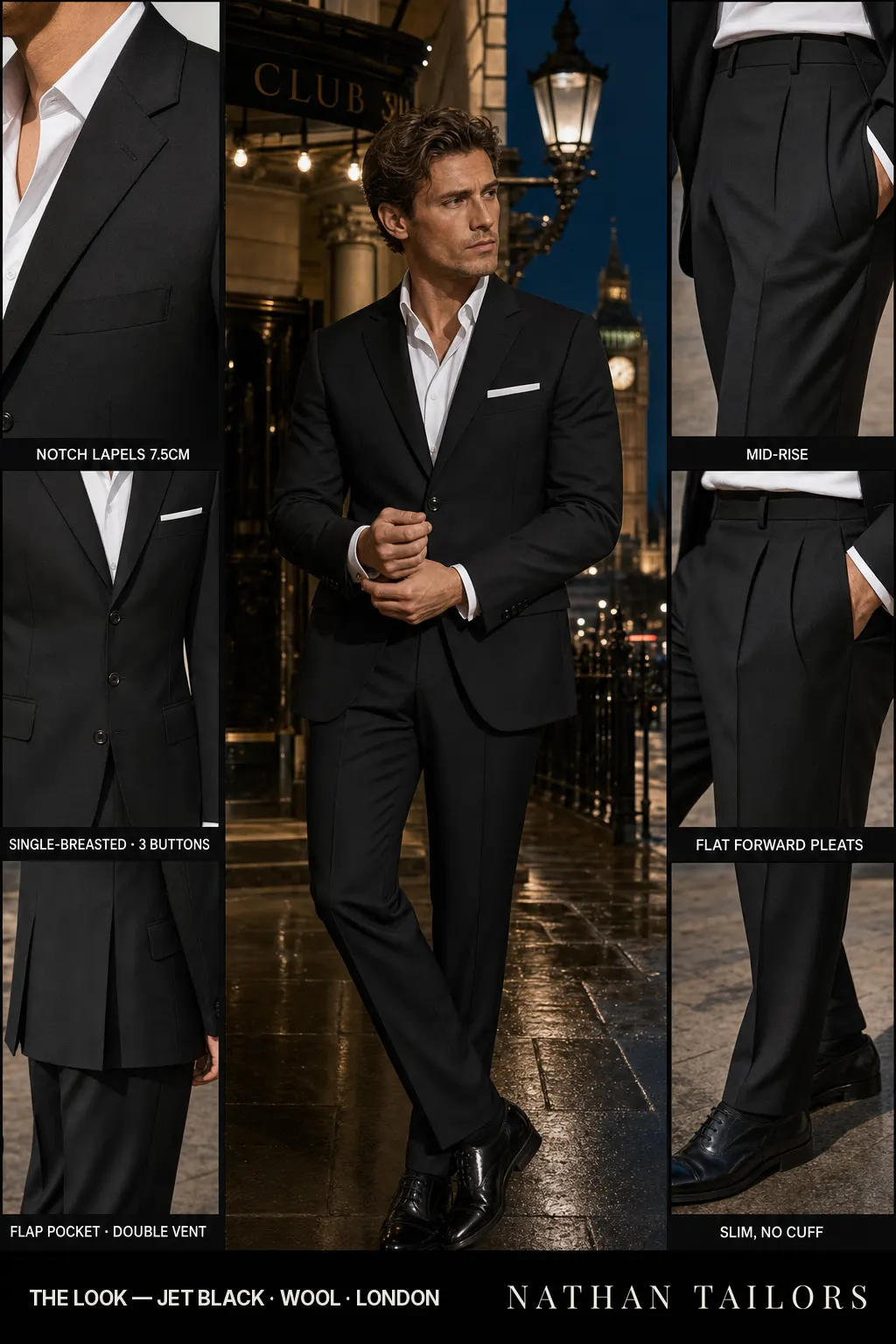 jet black single-breasted notch-lapel bespoke suit — AI-rendered by Nathan Tailors, the Hoi An custom tailor. Available as a custom tailored suit from $149.