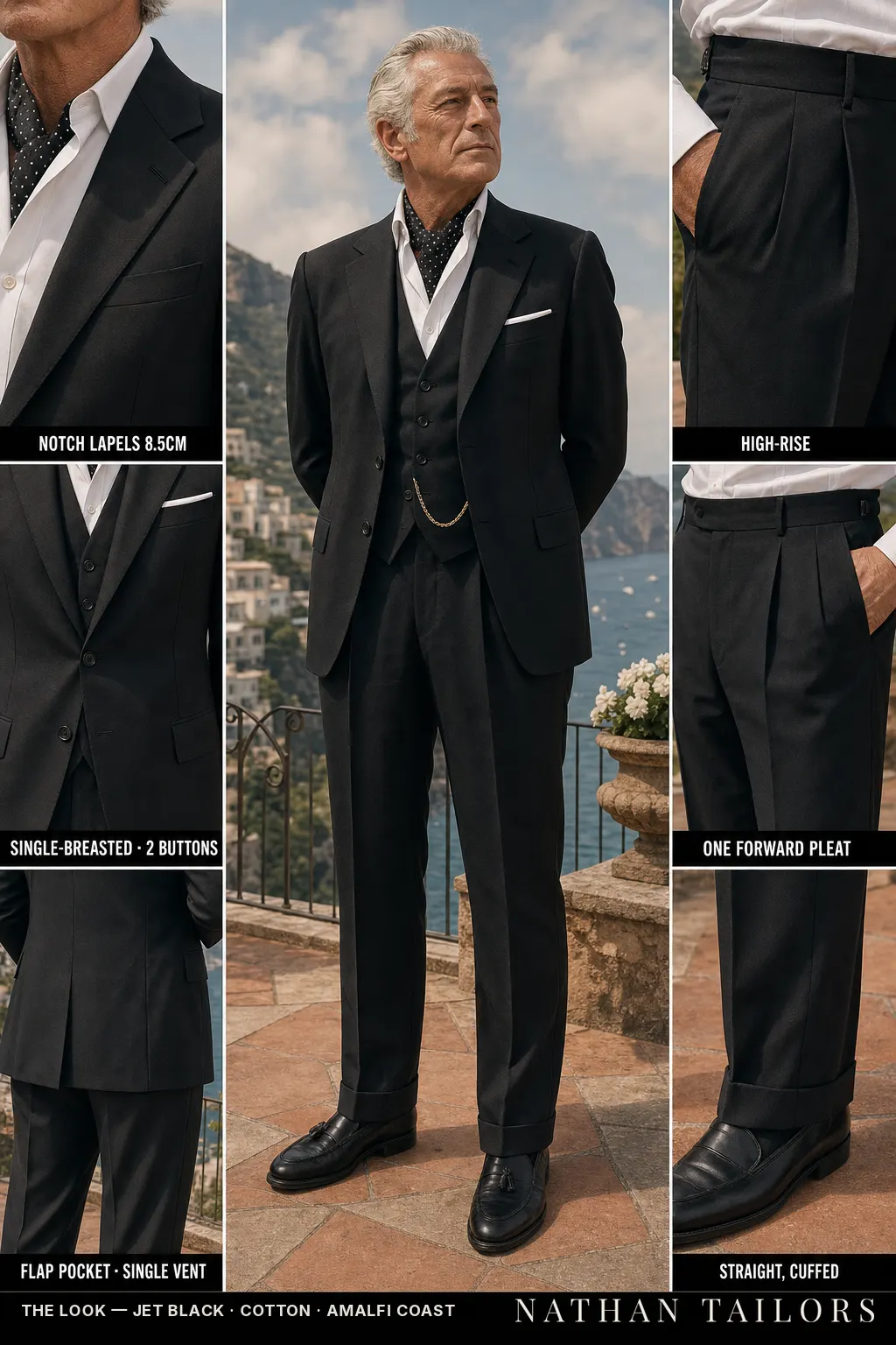 jet black single-breasted bespoke suit — custom tailored by Nathan Tailors, the Hoi An custom tailor