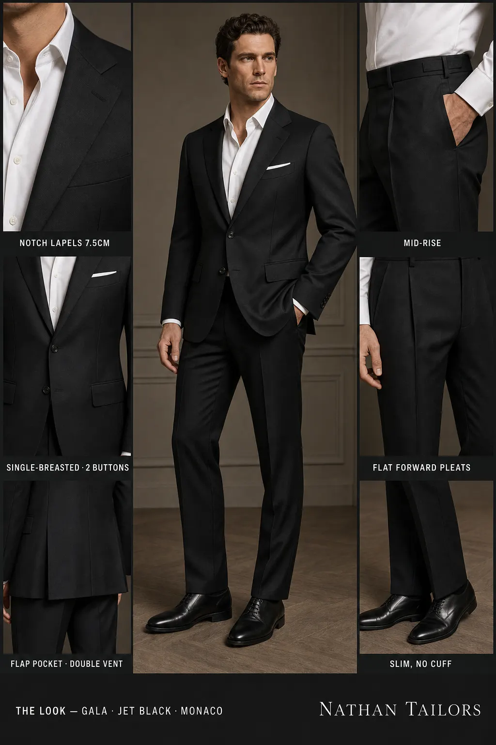 jet black single-breasted notch-lapel bespoke suit โ AI-rendered by Nathan Tailors, the Hoi An custom tailor. Available as a custom tailored suit from $149.